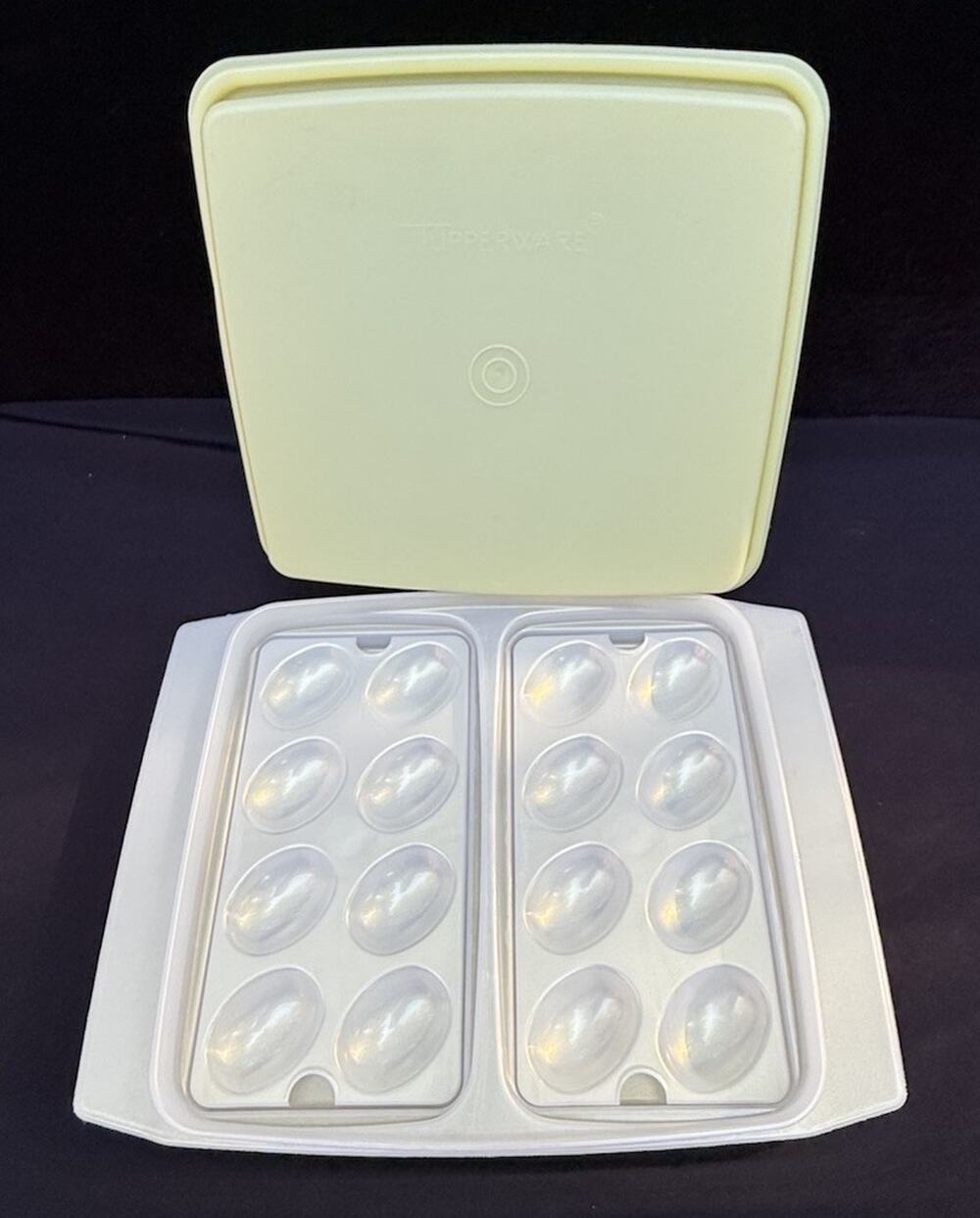 Tupperware Deviled Egg Carrier Tray Holder 12 Eggs Yellow Lid Iridescent White ￼